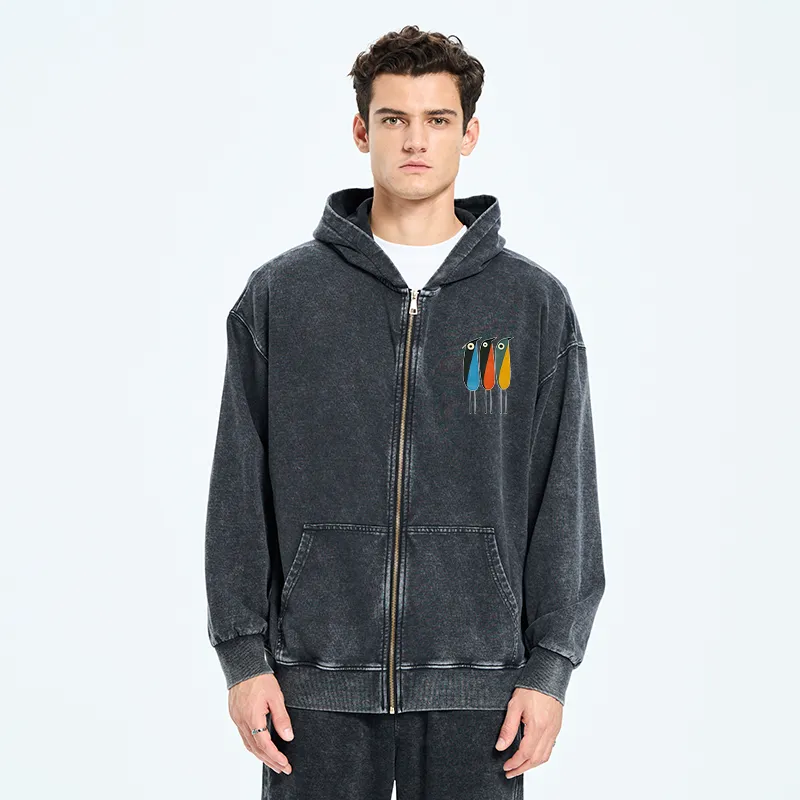 Tokyo-Tiger Bold Shape Birds Washed Zip Hoodie