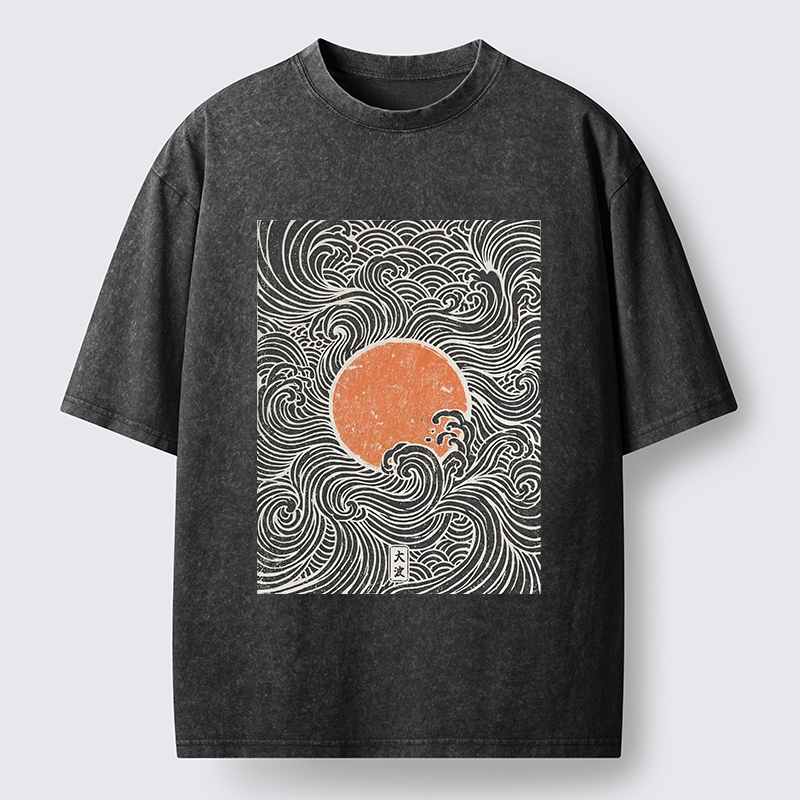 Tokyo-Tiger Ukiyo-e Sun And Waves Washed T-Shirt