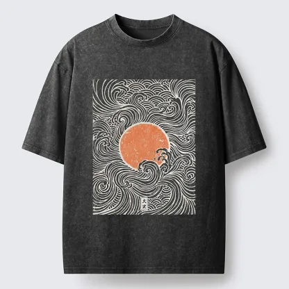 Tokyo-Tiger Ukiyo-e Sun And Waves Washed T-Shirt