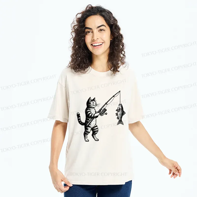 Tokyo-Tiger Cat Fishing Washed T-Shirt