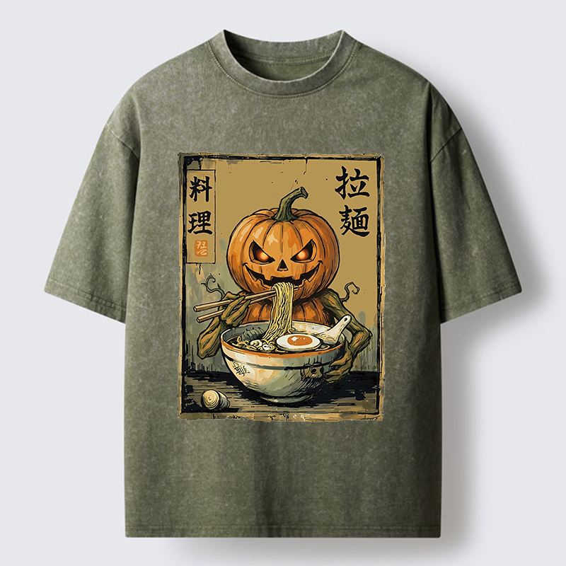 Tokyo‑Tiger Pumpkin Eating Ramen Washed T‑Shirt