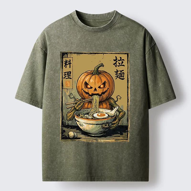 Tokyo‑Tiger Pumpkin Eating Ramen Washed T‑Shirt