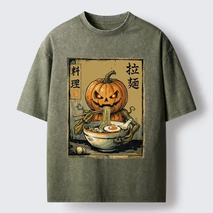 Tokyo‑Tiger Pumpkin Eating Ramen Washed T‑Shirt