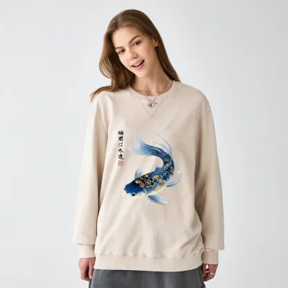 Tokyo-Tiger Elegant Koi Fish Watercolor Art Washed Terry Sweatshirt