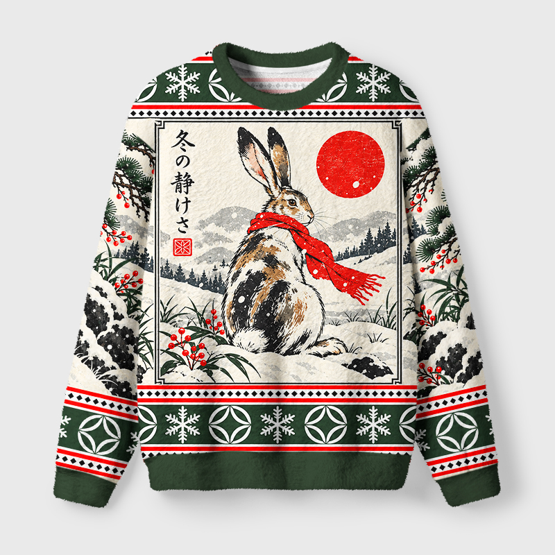 Tokyo-Tiger A Snow Rabbit Wearing A Scarf Fuzzy Christmas Ugly Sweatshirt