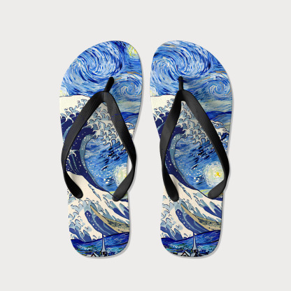 Tokyo-Tiger Waves Under The Starry Night Flip Flops