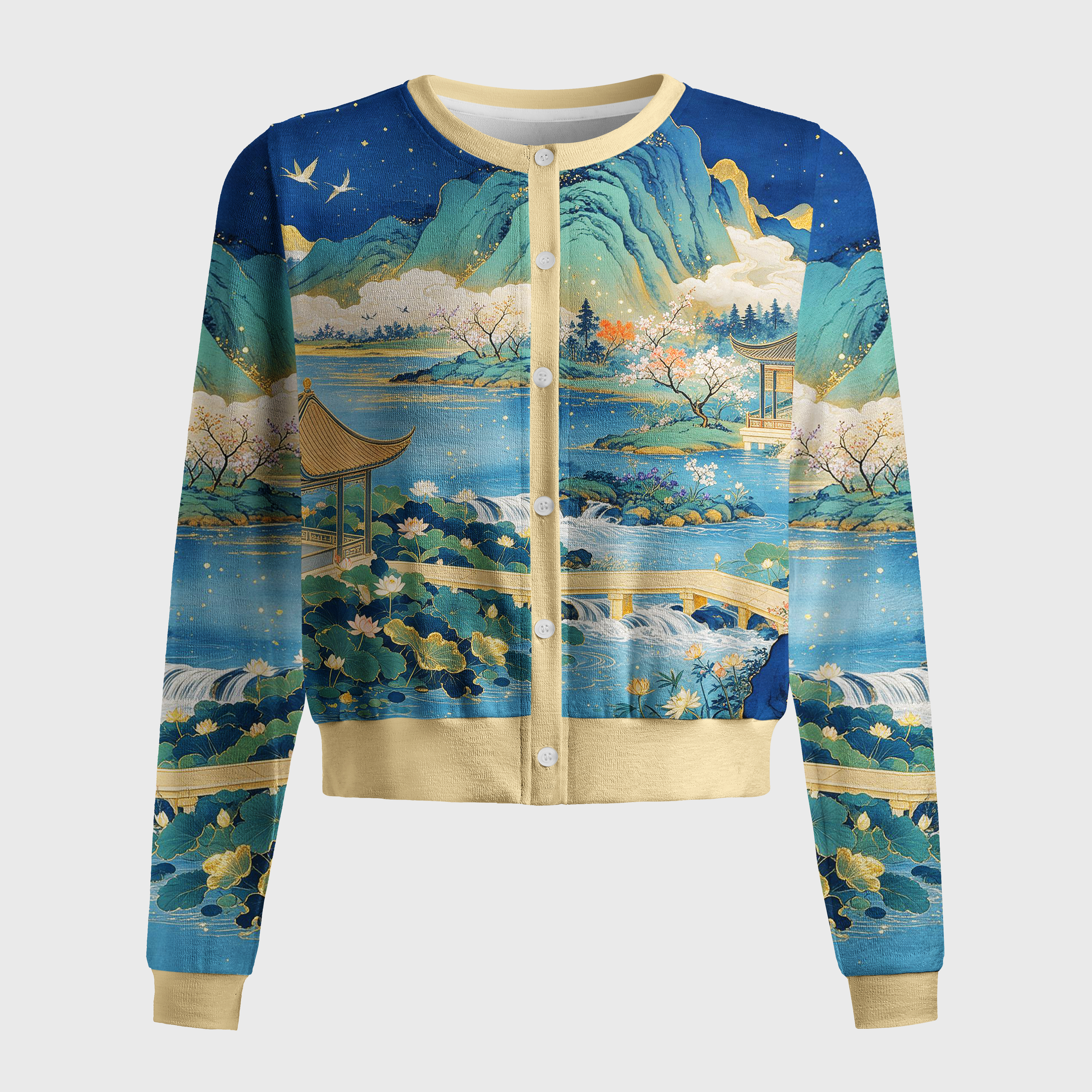 Tokyo-Tiger Vintage Oriental Blue Green Mountain Lake Scenery Women's Lightweight Cardigan