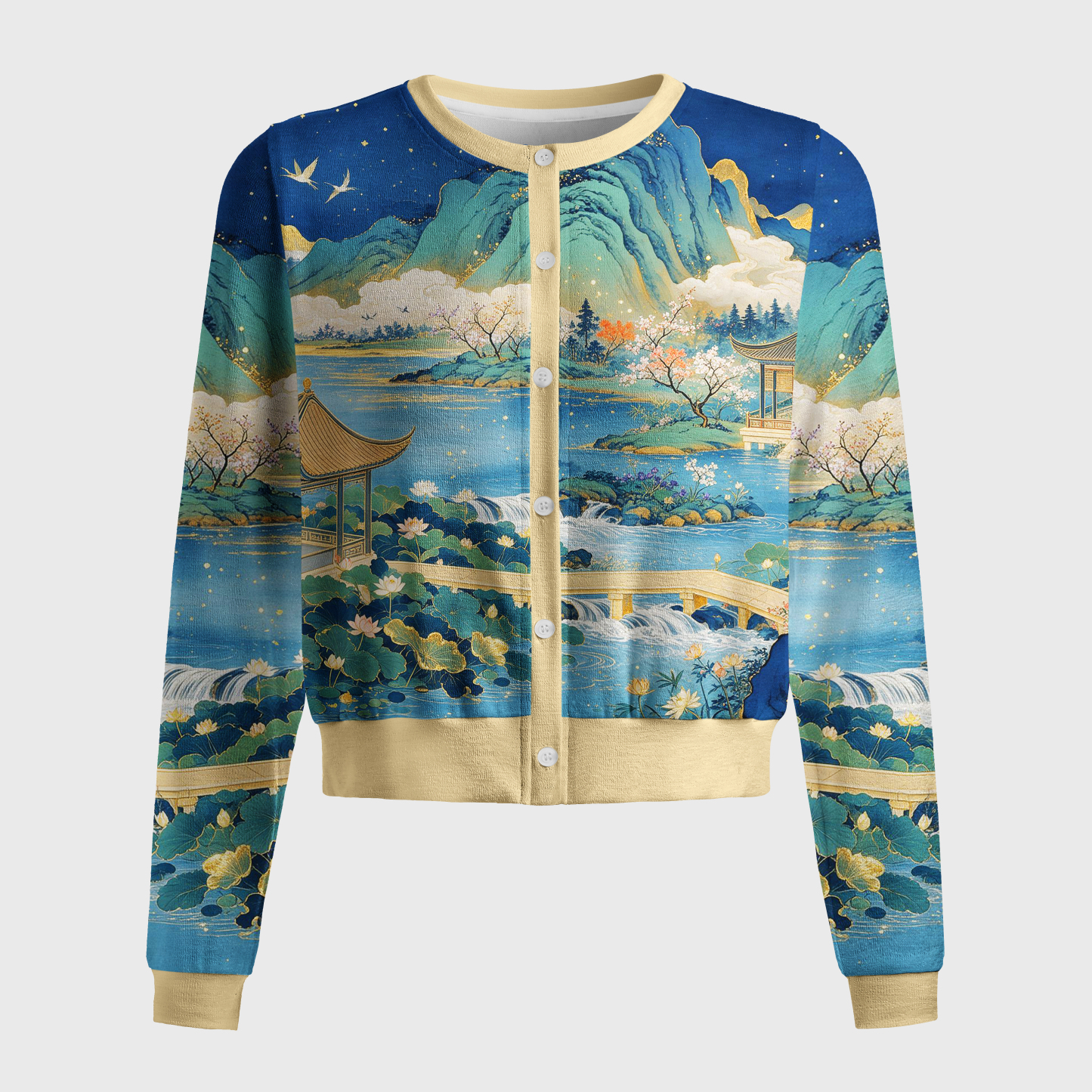 Tokyo-Tiger Vintage Oriental Blue Green Mountain Lake Scenery Women's Lightweight Cardigan