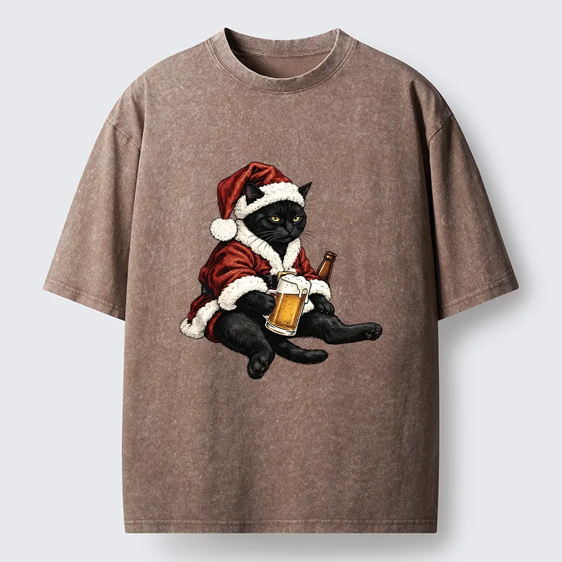 Tokyo-Tiger Chill Santa Black Cat Beer Time Washed T-Shirt