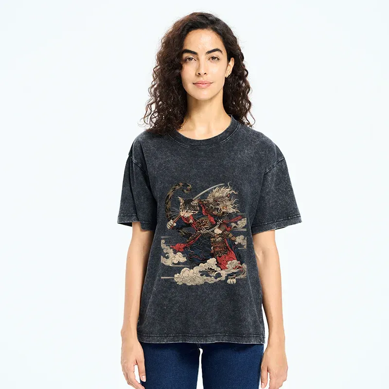 Tokyo-Tiger Gorgeous Samurai Cat Washed T-Shirt