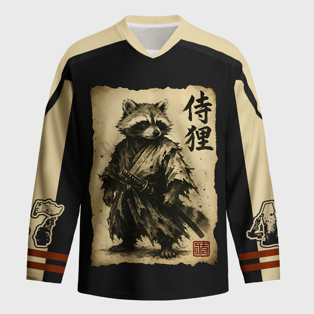 Tokyo-Tiger Retro Raccoon Samurai Long-Sleeve Hockey Jersey Sale