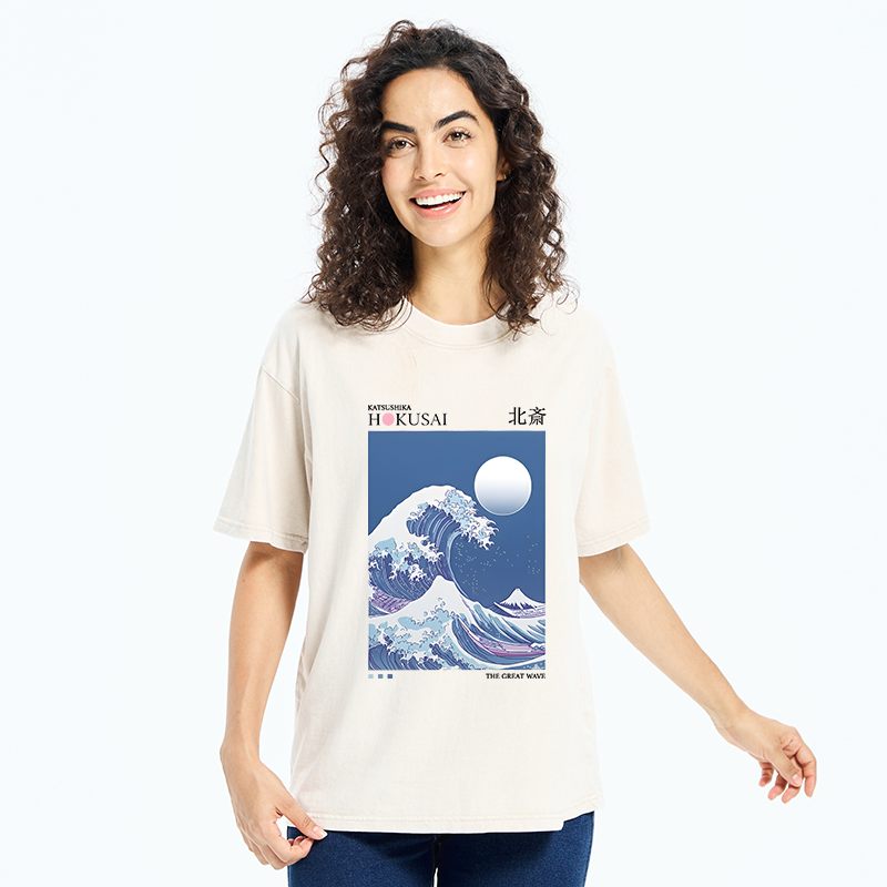 Tokyo-Tiger Blue Ukiyo-e Waves Washed T-Shirt