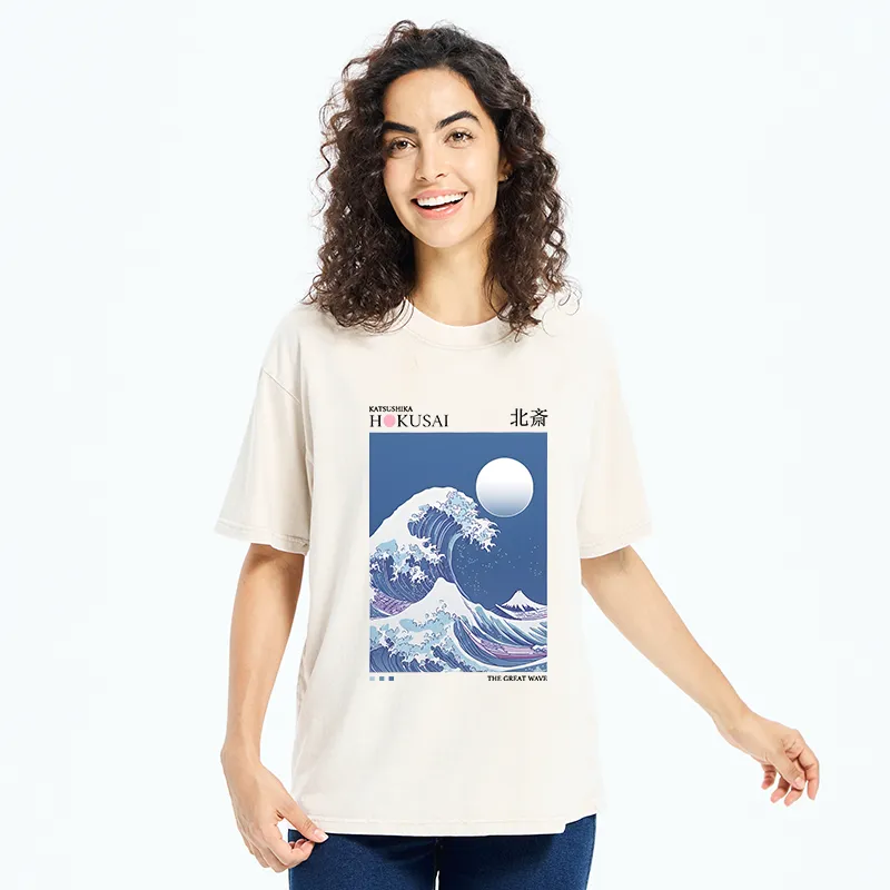 Tokyo-Tiger Blue Ukiyo-e Waves Washed T-Shirt