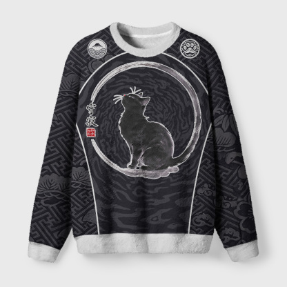 Tokyo-Tiger Zen Black Cat Fuzzy Christmas Ugly Sweatshirt