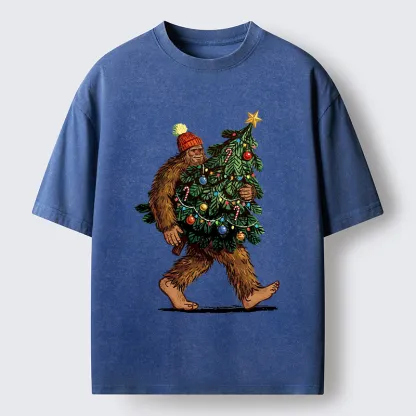 Tokyo-Tiger Monster Carrying Christmas Tree Washed T-Shirt