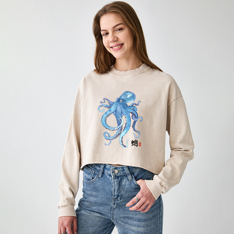 Tokyo-Tiger Watercolor Blue Octopus Washed Crop Sweatshirt
