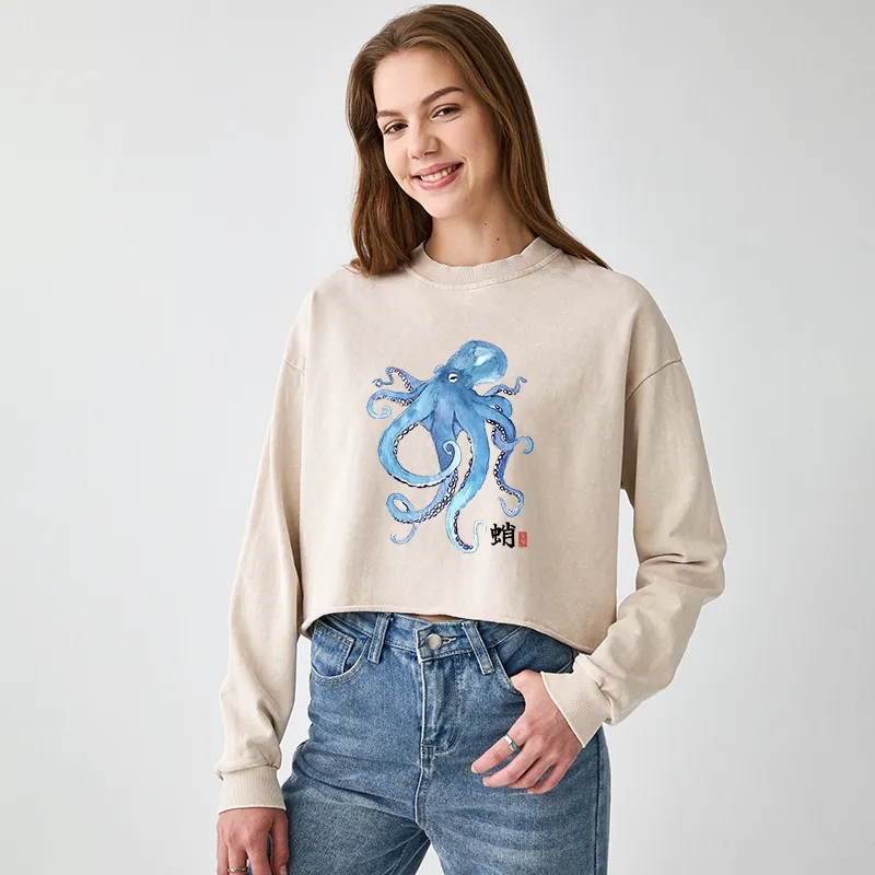 Tokyo-Tiger Watercolor Blue Octopus Washed Crop Sweatshirt