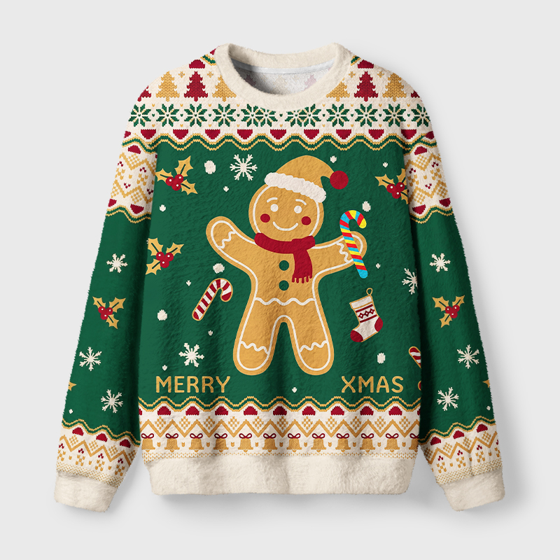 Tokyo-Tiger Gingerbread Man Xmas Holiday Fuzzy Christmas Ugly Sweatshirt