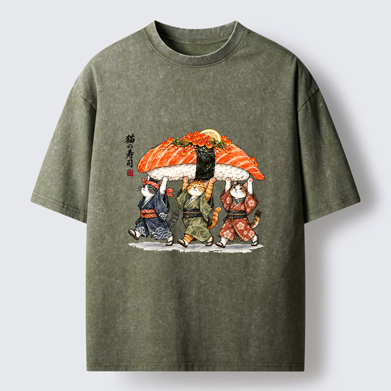 Tokyo-Tiger Funny Sushi Cat Crew Washed T-Shirt