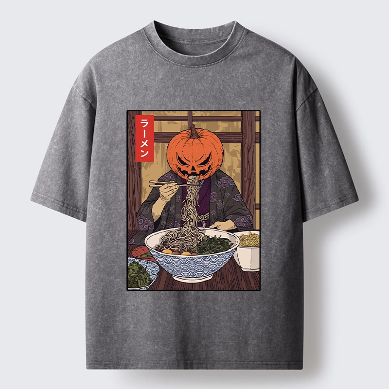 Tokyo‑Tiger Pumpkin Ramen Meme Washed T‑Shirt
