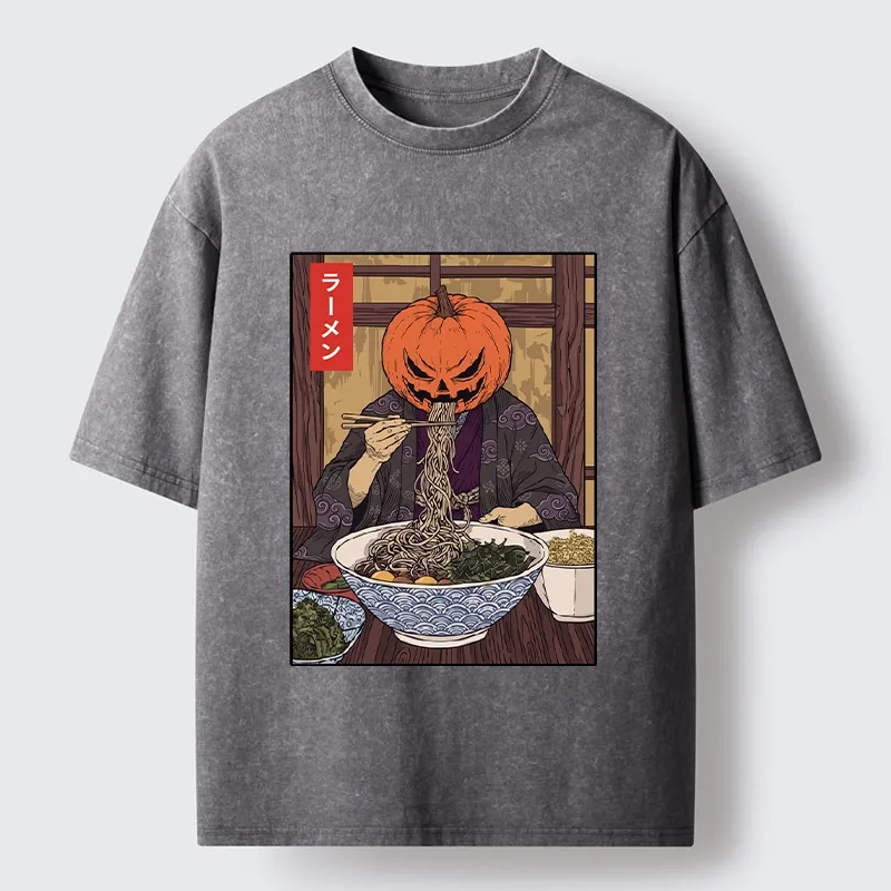 Tokyo‑Tiger Pumpkin Ramen Meme Washed T‑Shirt