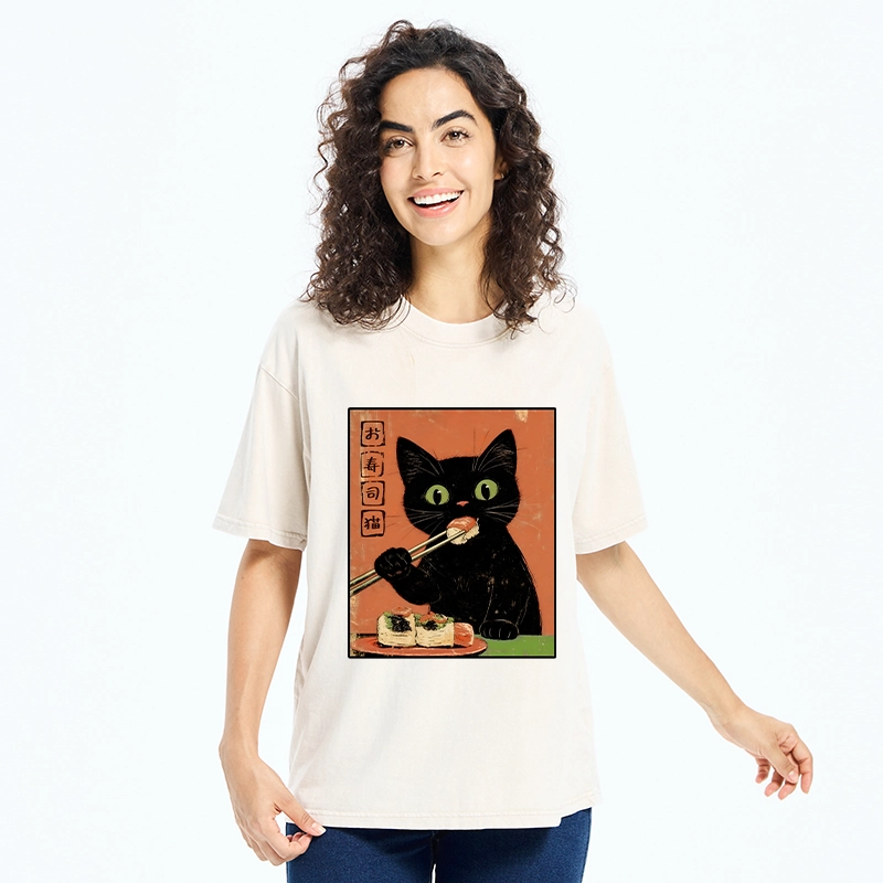 Tokyo-Tiger Japanese Style Sushi Cat Art Washed T-Shirt