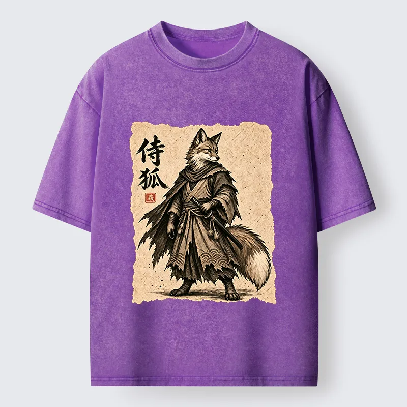 Tokyo-Tiger Vintage Samurai Fox Art Washed T-Shirt