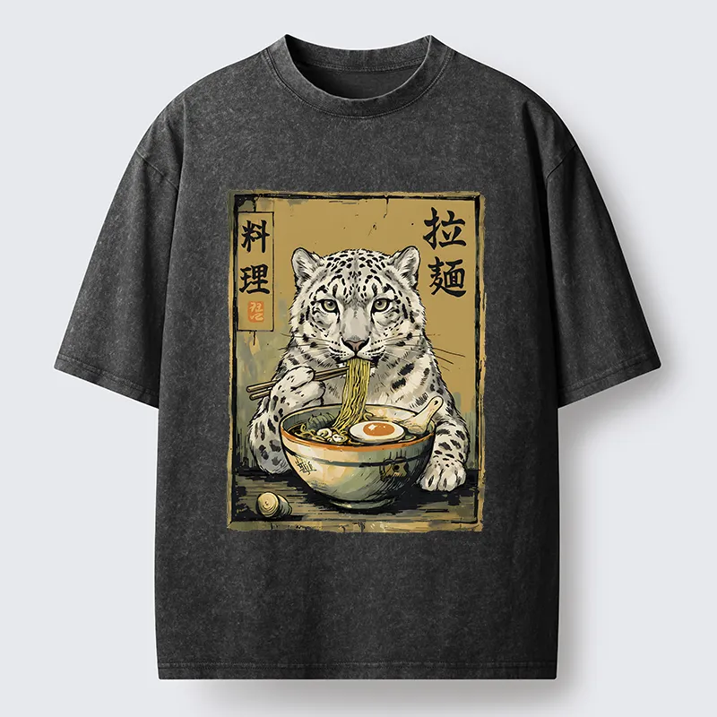 Tokyo-Tiger Ramen Snow Leopard Meme Washed T-Shirt