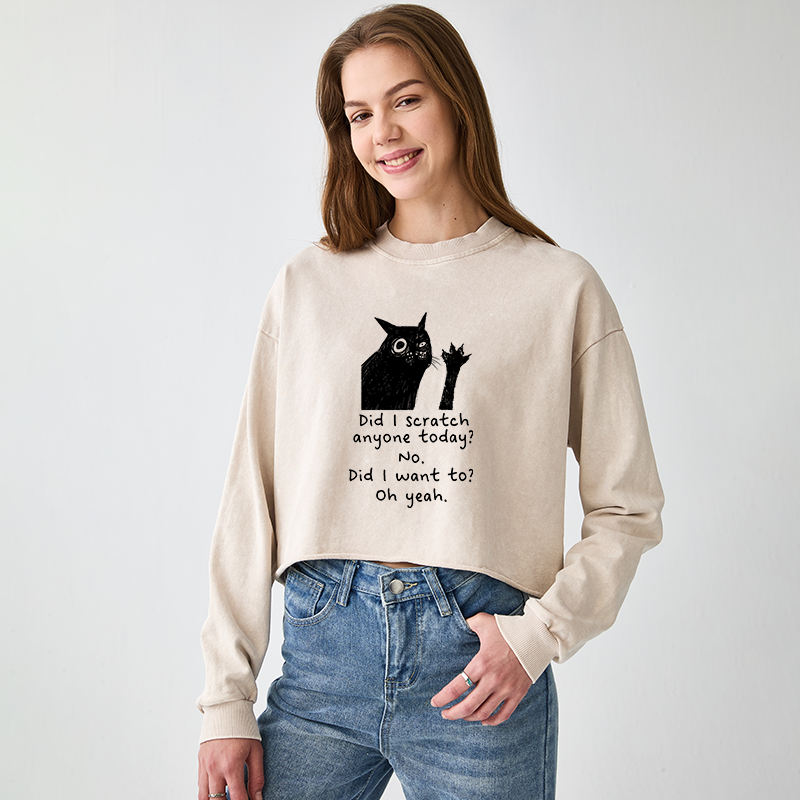 Tokyo-Tiger Black Cat Scratches People Washed Crop Sweatshirt