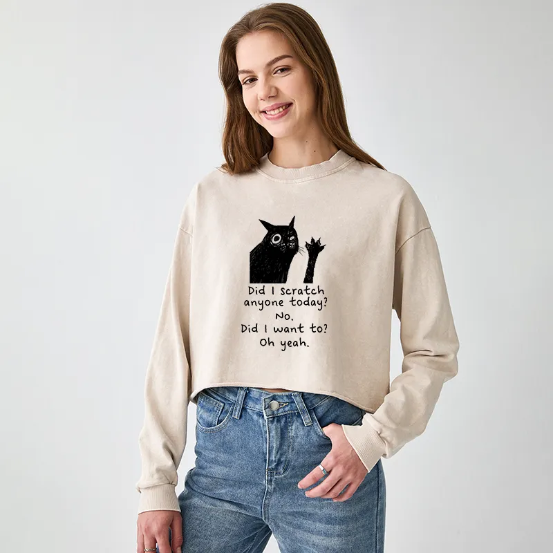 Tokyo-Tiger Black Cat Scratches People Washed Crop Sweatshirt