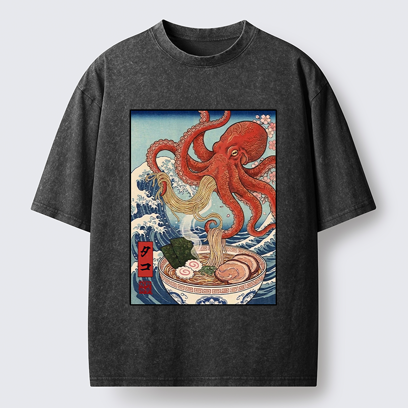 Tokyo-Tiger Octopus Eating Ramen Ukiyo Art Washed T-Shirt