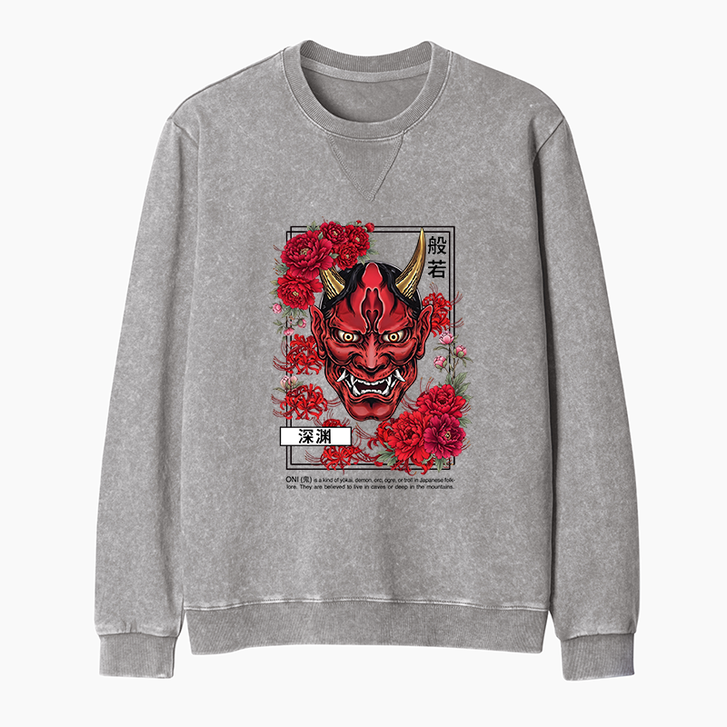 Tokyo-Tiger Cool Oni Floral Art Washed Terry Sweatshirt