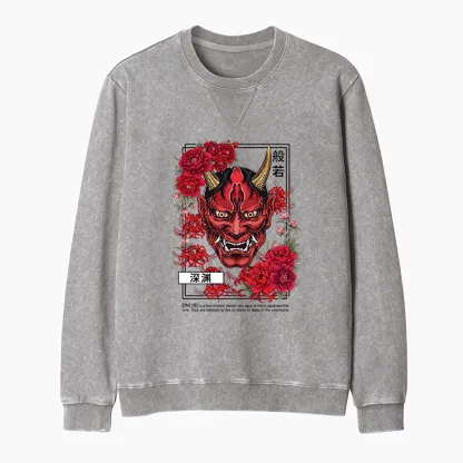 Tokyo-Tiger Cool Oni Floral Art Washed Terry Sweatshirt