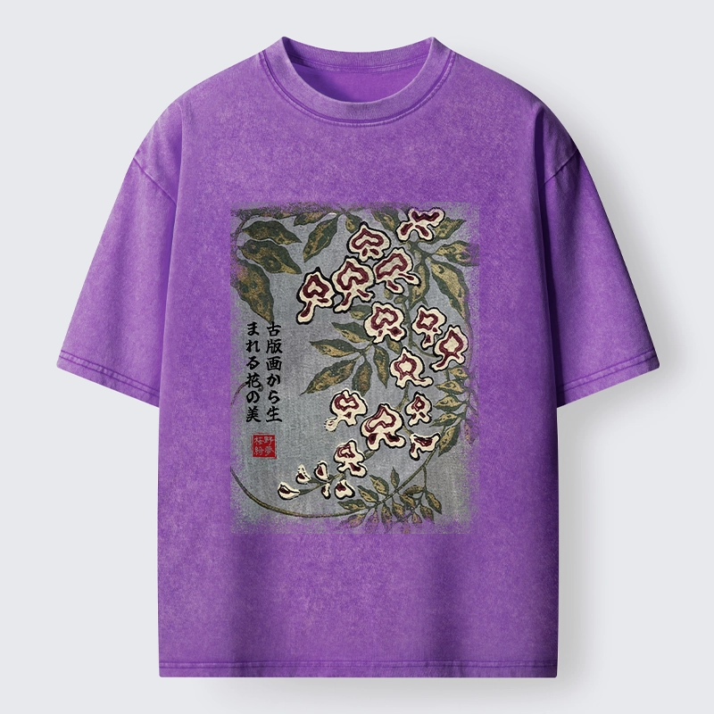 Tokyo‑Tiger Retro Vine Blossom Washed T‑Shirt