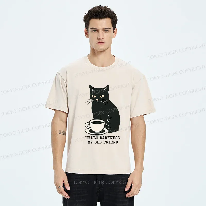 Tokyo-Tiger Black Cat Drinking Coffee Washed T-Shirt