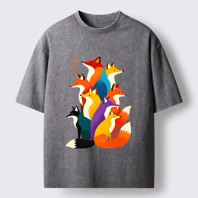 Tokyo‑Tiger Colorful Fox Crew Washed T‑Shirt