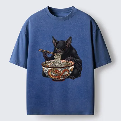 Tokyo-Tiger Bat Eating Ramen Washed T-Shirt