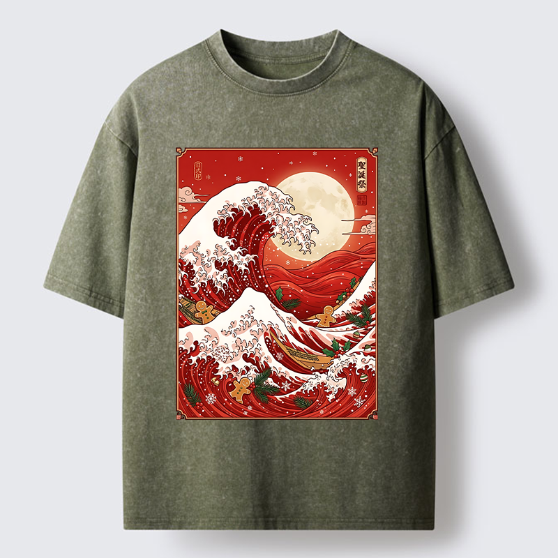 Tokyo-Tiger Gingerbread Surfing Christmas Wave Art Washed T-Shirt