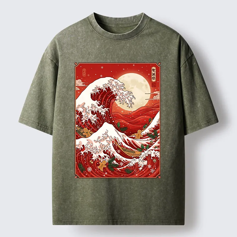 Tokyo-Tiger Gingerbread Surfing Christmas Wave Art Washed T-Shirt