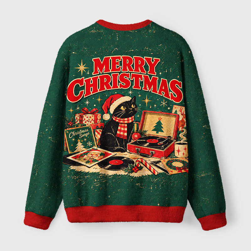 Tokyo-Tiger Christmas Retro Music Black Cat Fuzzy Christmas Ugly Sweatshirt