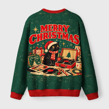 Tokyo-Tiger Christmas Retro Music Black Cat Fuzzy Christmas Ugly Sweatshirt