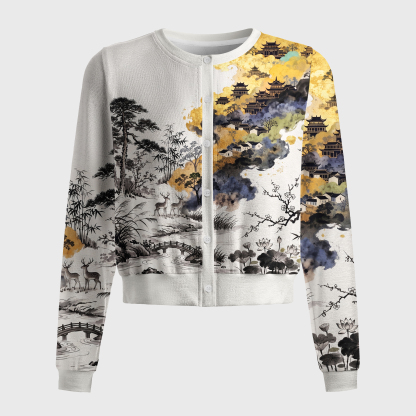 Tokyo-Tiger Gold Foil Mountain Deer Art Women's Lightweight Cardigan