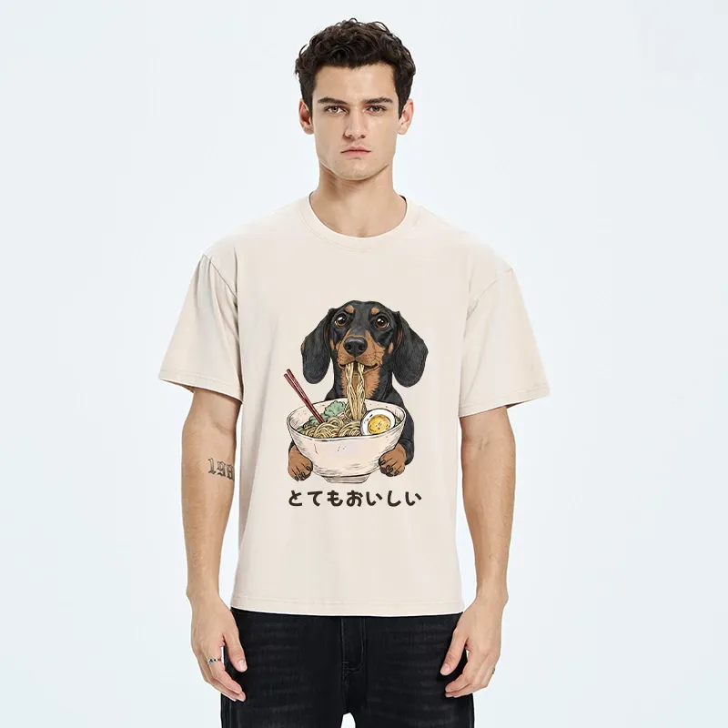 Tokyo-Tiger Cute Dog Eating Noodles Art Meme Washed T-Shirt