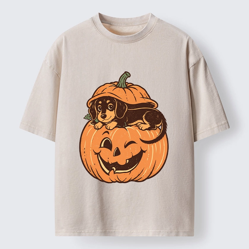 Tokyo‑Tiger Retro Pumpkin Dog Washed T‑Shirt