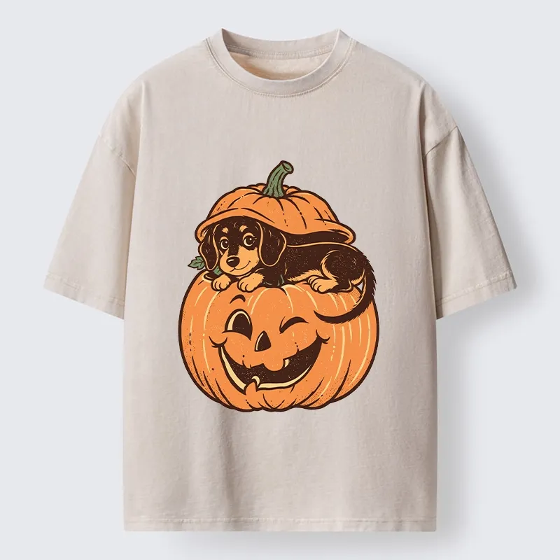 Tokyo‑Tiger Retro Pumpkin Dog Washed T‑Shirt