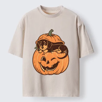 Tokyo‑Tiger Retro Pumpkin Dog Washed T‑Shirt