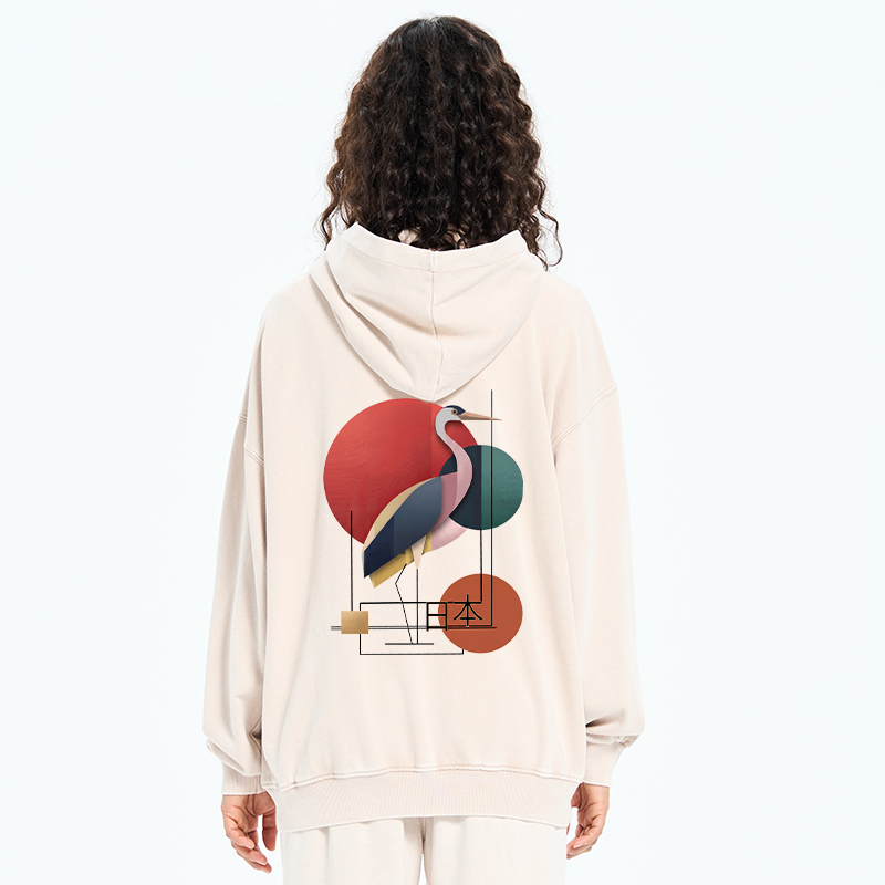 Tokyo-Tiger Geometric Crane Art Washed Zip Hoodie