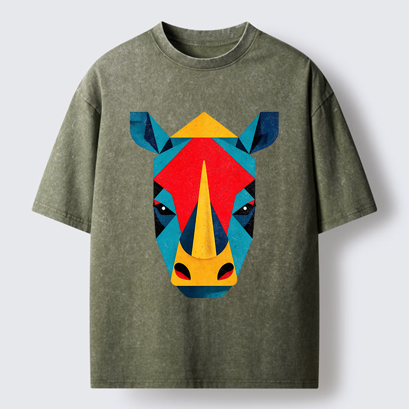 Tokyo-Tiger Geometric Rhino Art Washed T-Shirt