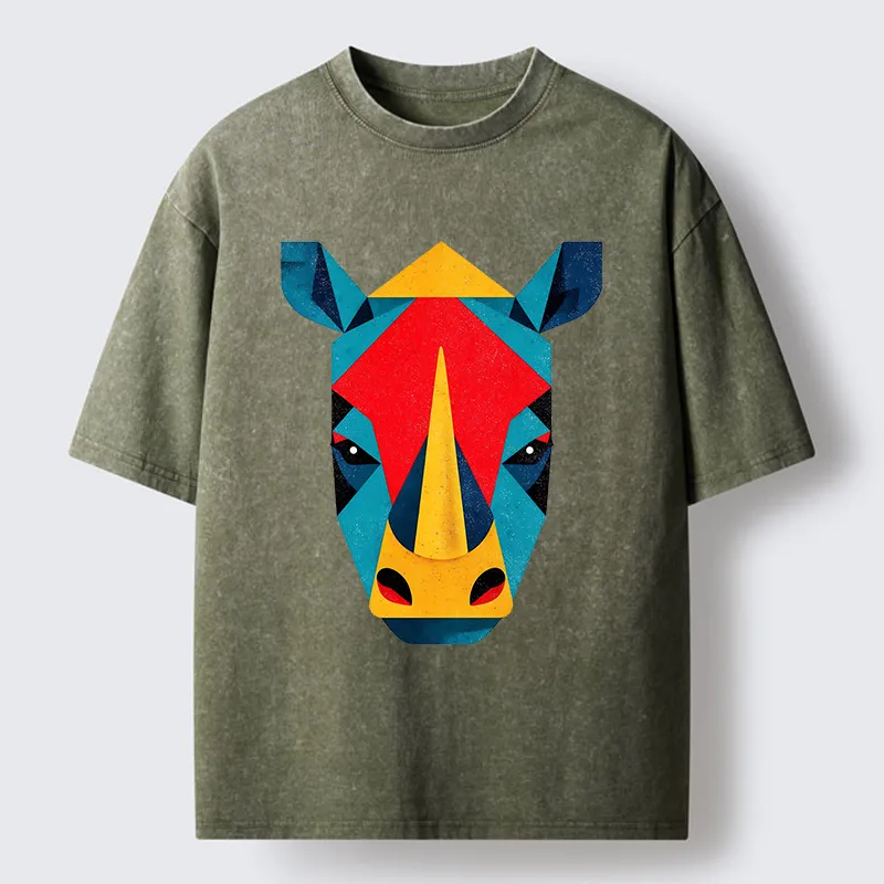 Tokyo-Tiger Geometric Rhino Art Washed T-Shirt