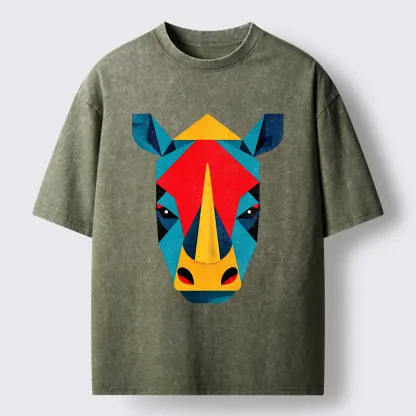 Tokyo-Tiger Geometric Rhino Art Washed T-Shirt